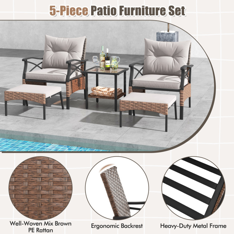 5 Pieces Wicker Patio Furniture Set Ottomans and Cushions and 2-Tier Tempered Glass Side Table - Gallery View 10 of 10
